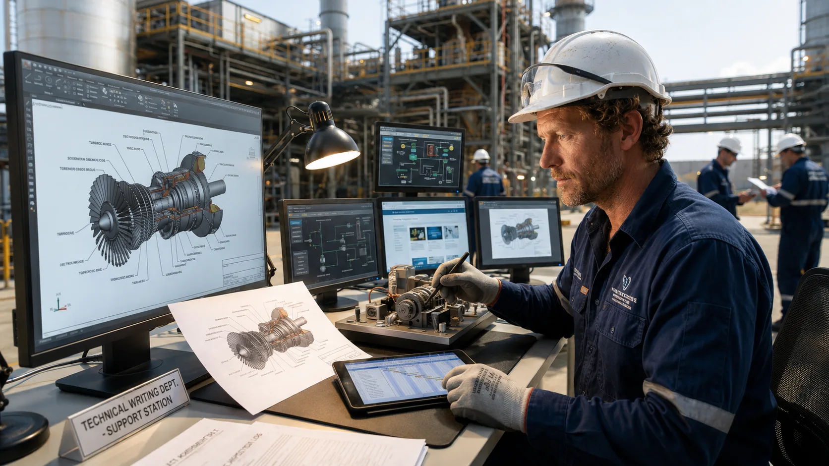 TLR engineer reviewing turbine schematics at a monitoring station